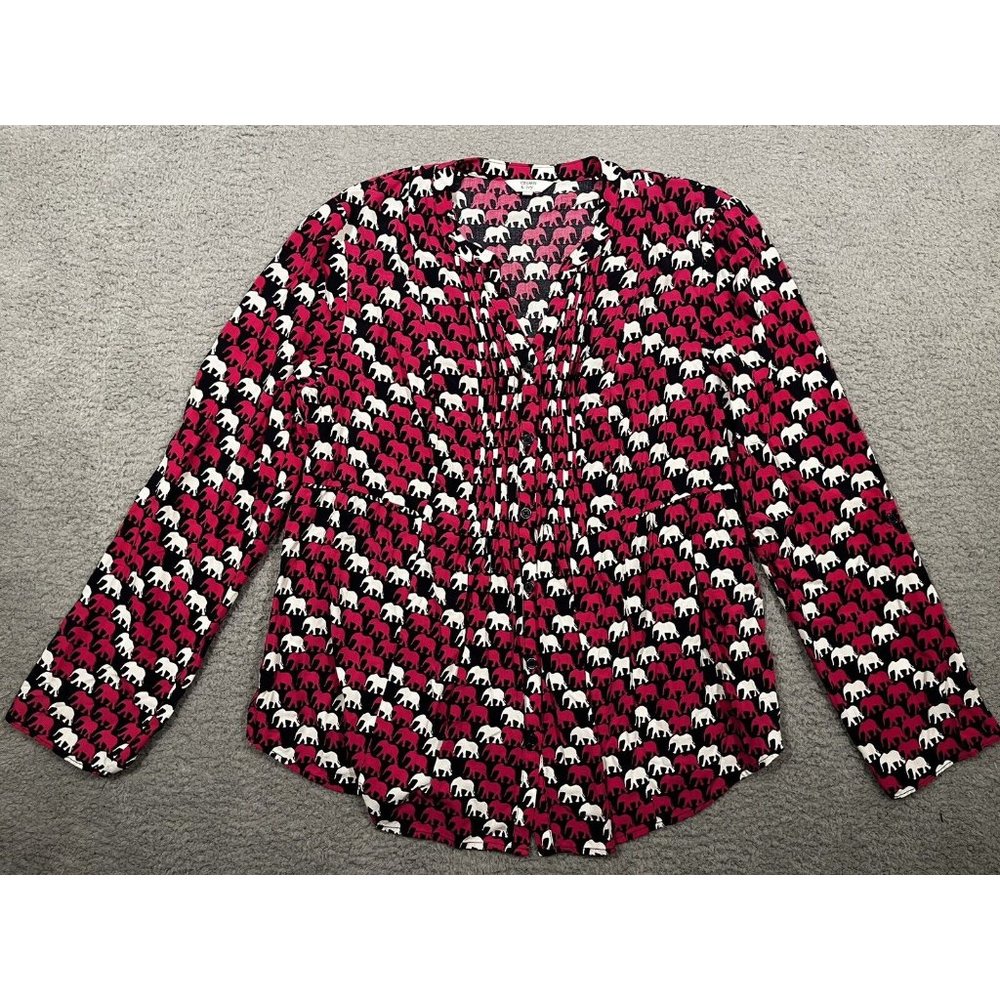 Crown &‎ Ivy Pink Elephant Button Pleated Top Blouse Roll Tab Sleeve L Large